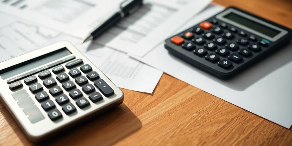Calculadora e documentos financeiros sobre uma mesa de madeira.