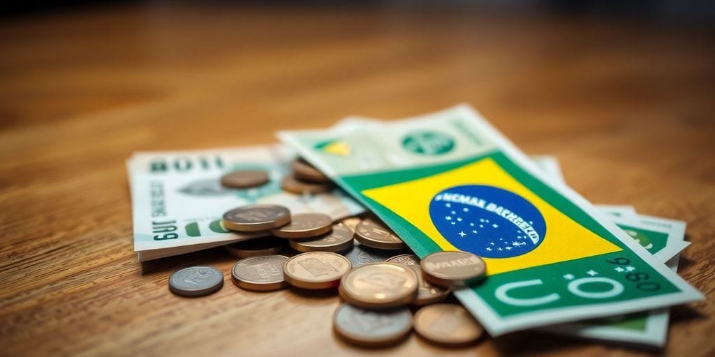 Notas e moedas brasileiras sobre uma mesa de madeira.